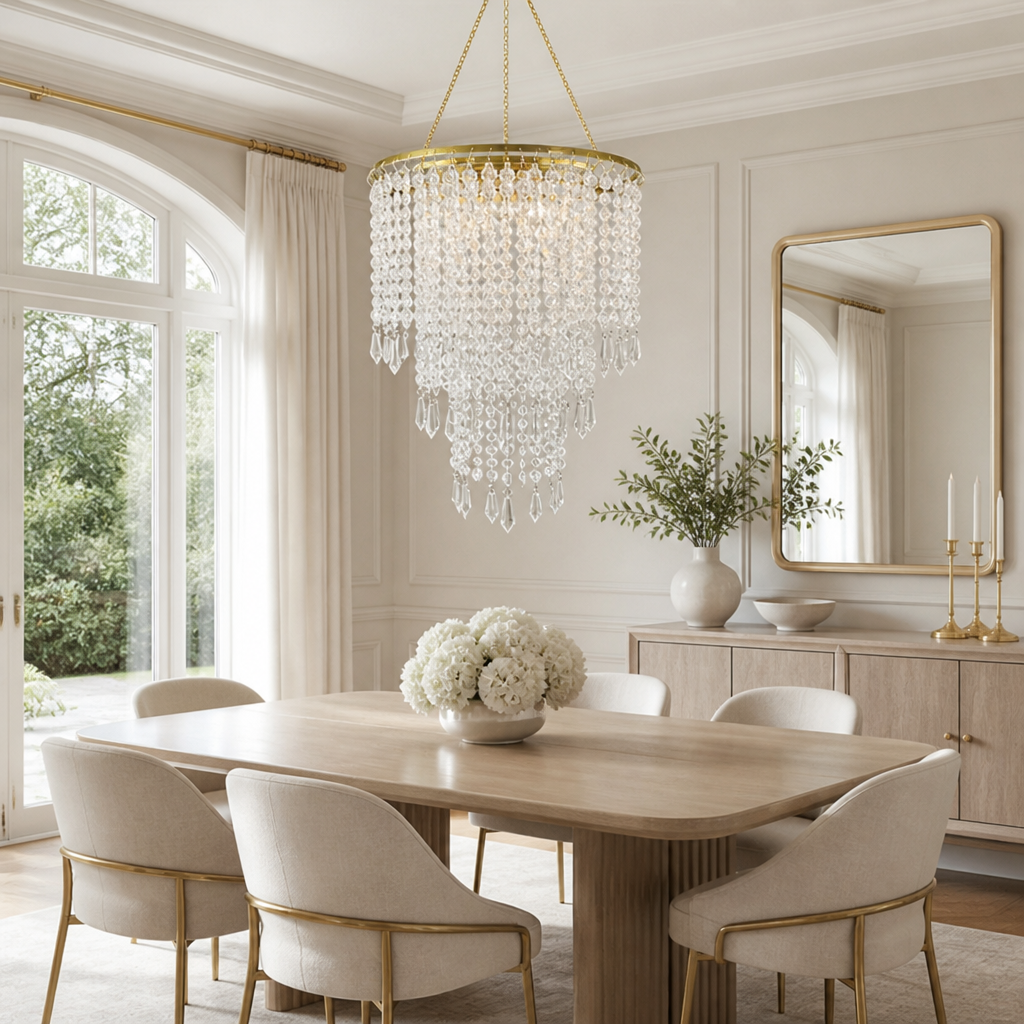 Modern Gold Three-Tier Beaded Chandelier