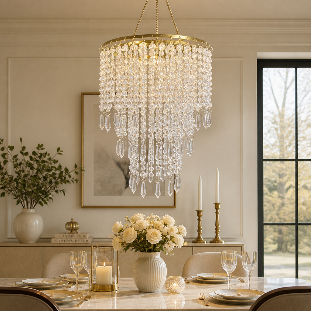 Modern Gold Three-Tier Beaded Chandelier