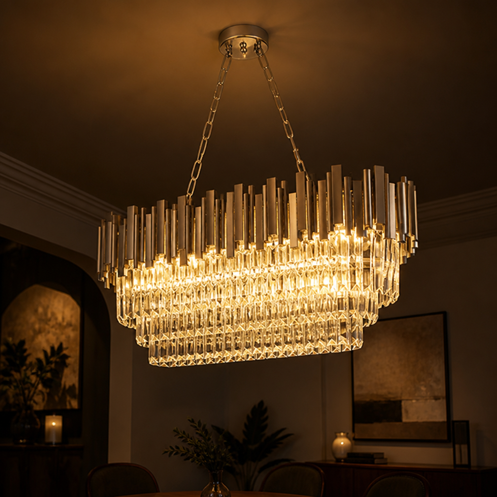 Modern Silver Crystal Oval Chandelier