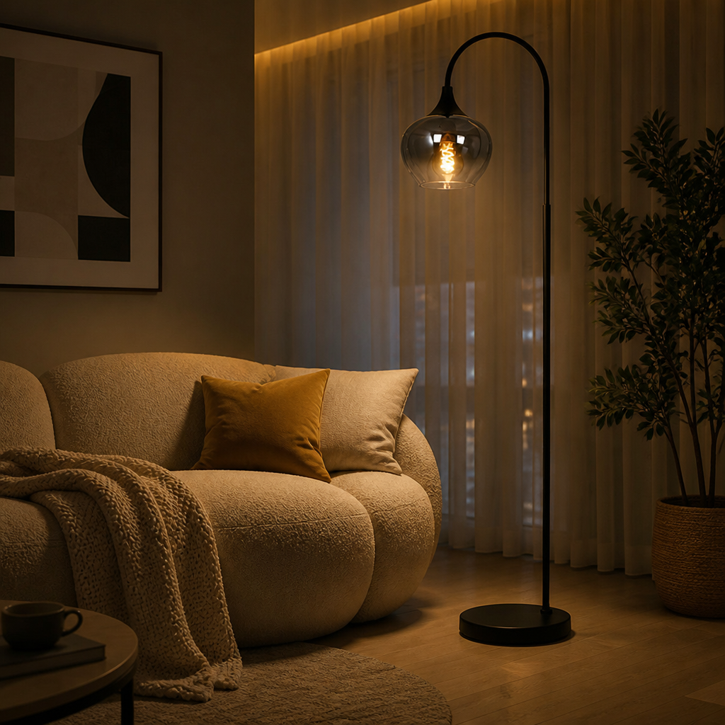 Modern Smoked Glass Arch Floor Lamp
