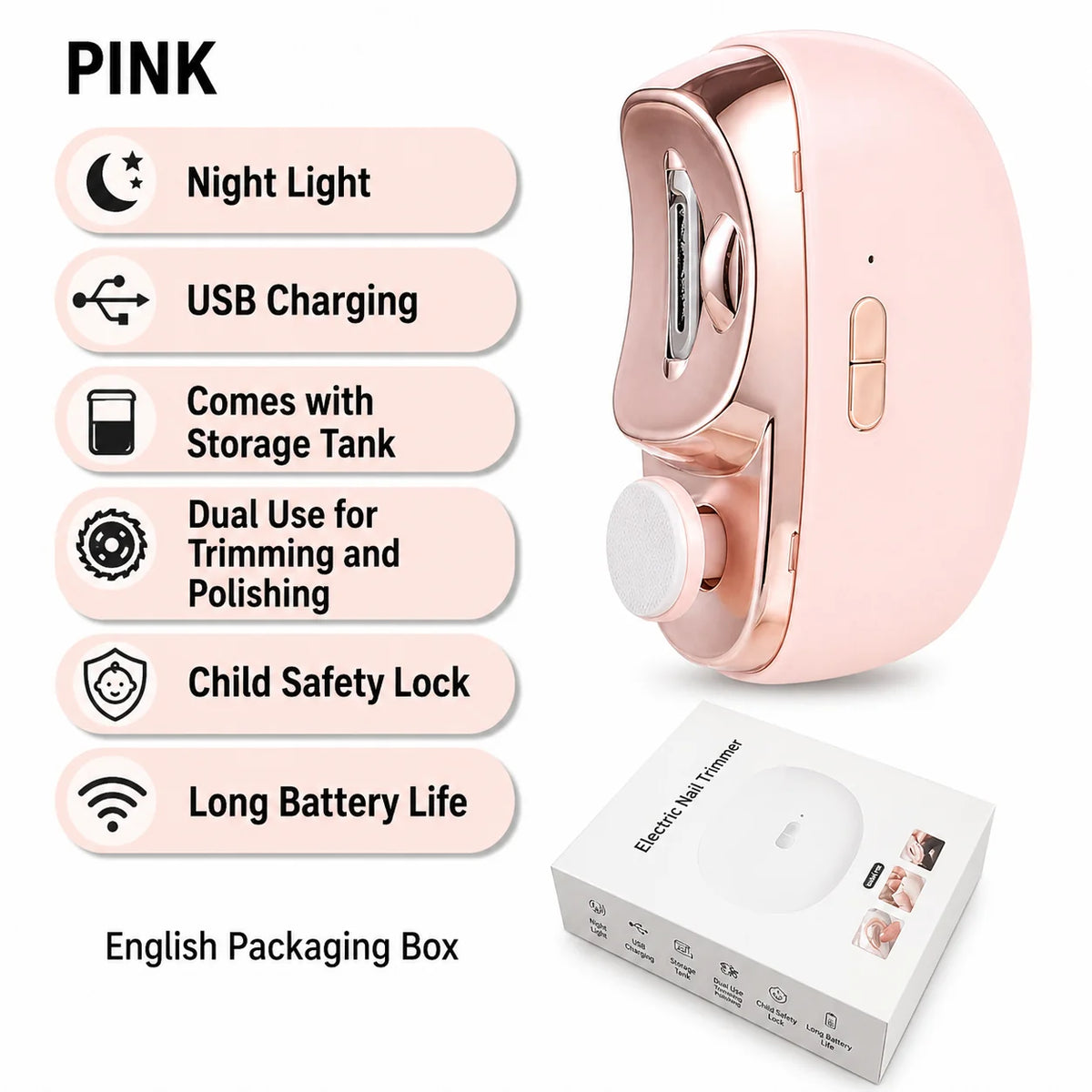 Nail Trimmer 3-In-1 Cut File Polish USB Rechargeable