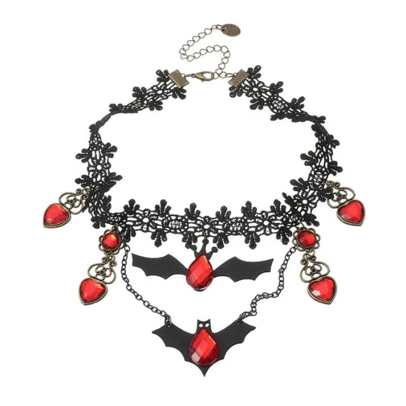 Necklace Gothic Bat Pendant Red Heart Adjustable Metal Chain