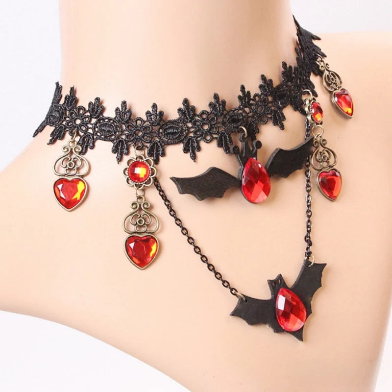 Necklace Gothic Bat Pendant Ruby Heart Adjustable Metal Chain