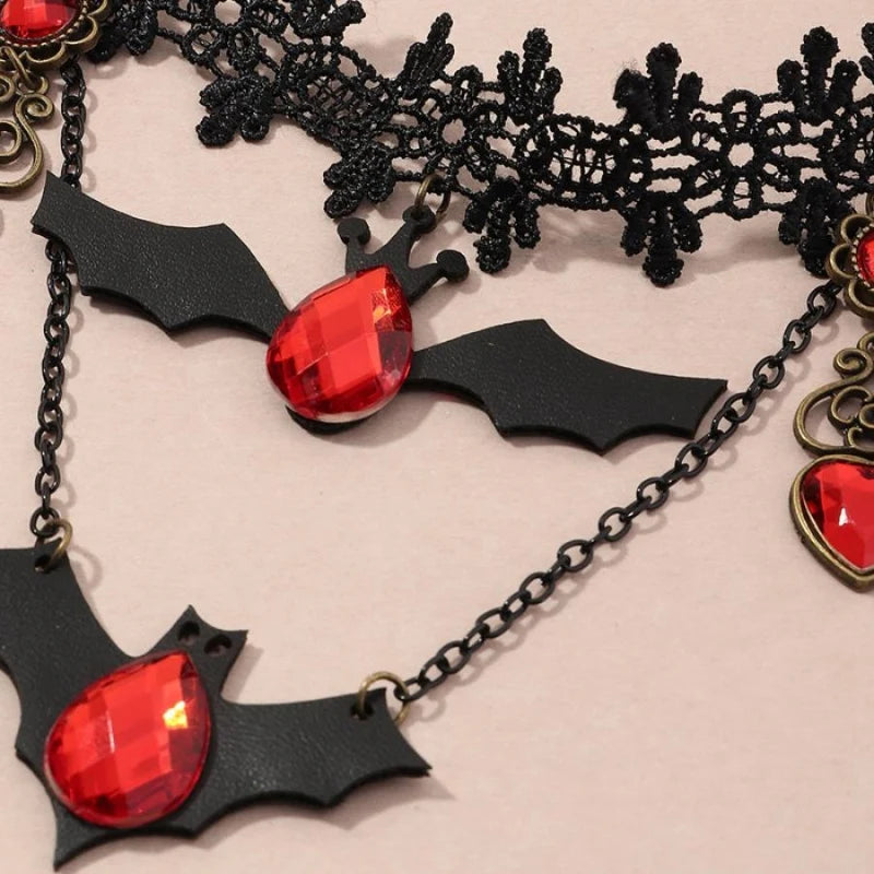 Necklace Gothic Bat Pendant Ruby Heart Adjustable Metal Chain