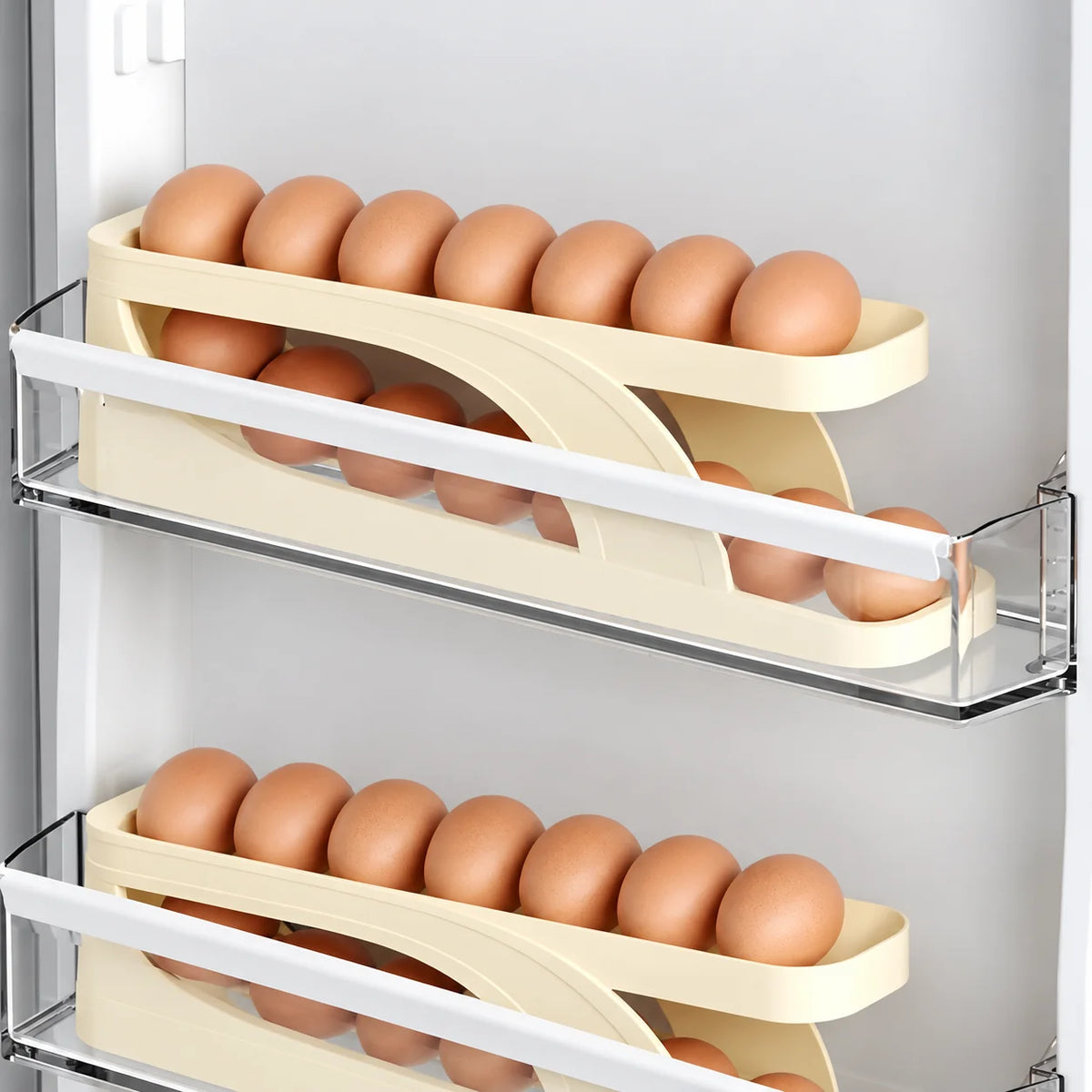 Refrigerator Egg Holder Automatic Rolling Non-Slip Holds 14-15 Eggs