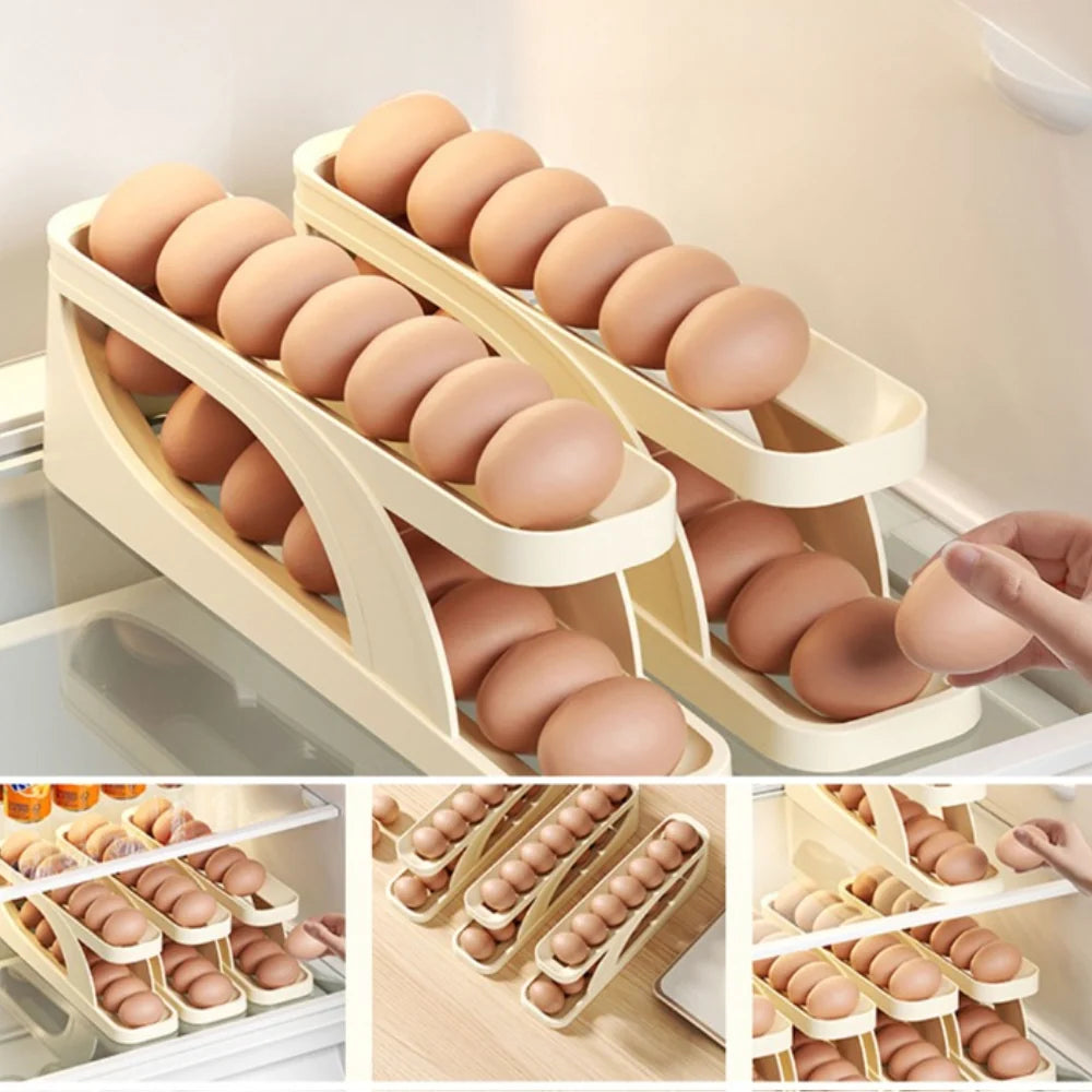Refrigerator Egg Holder Automatic Rolling Non-Slip Holds 14-15 Eggs