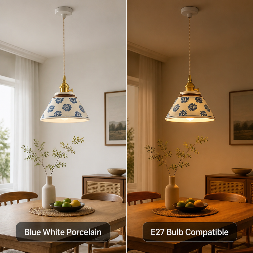 Retro Blue & White Porcelain Pendant Light