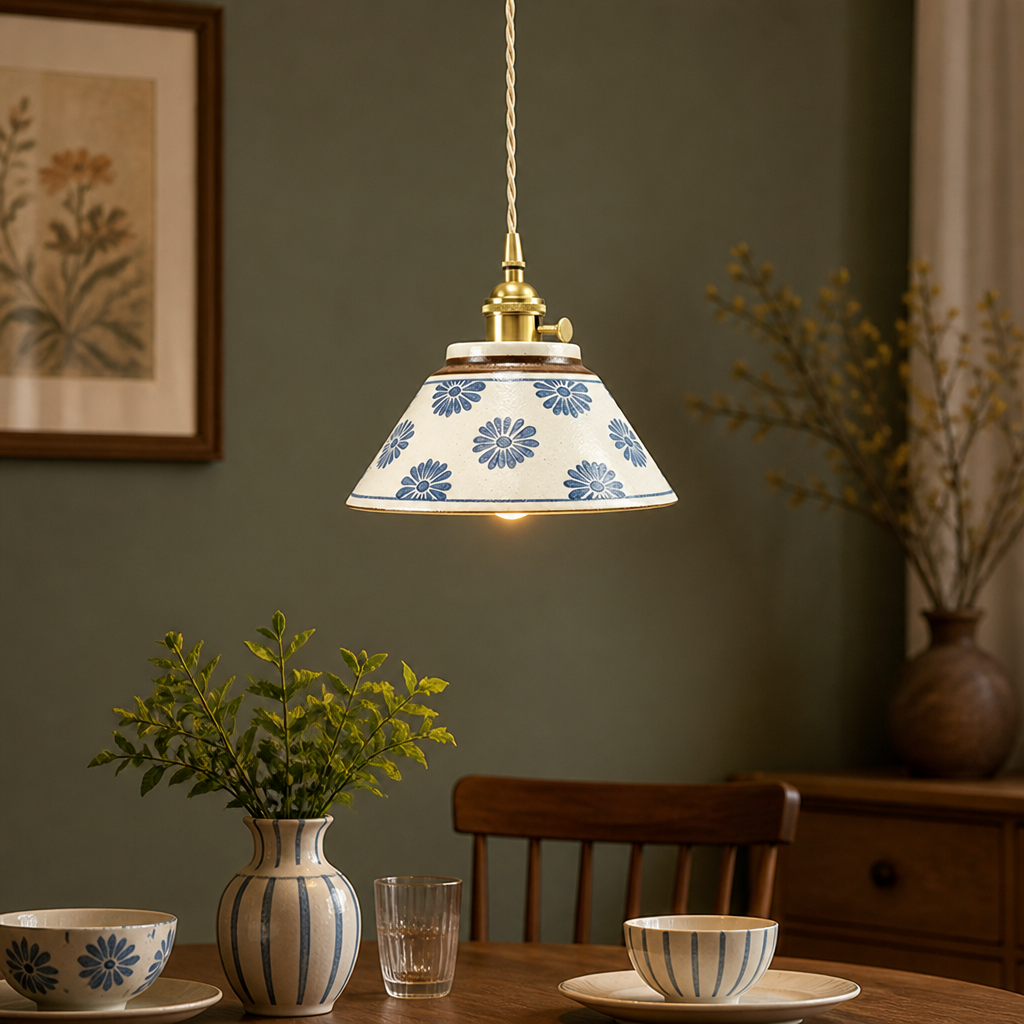 Retro Blue & White Porcelain Pendant Light