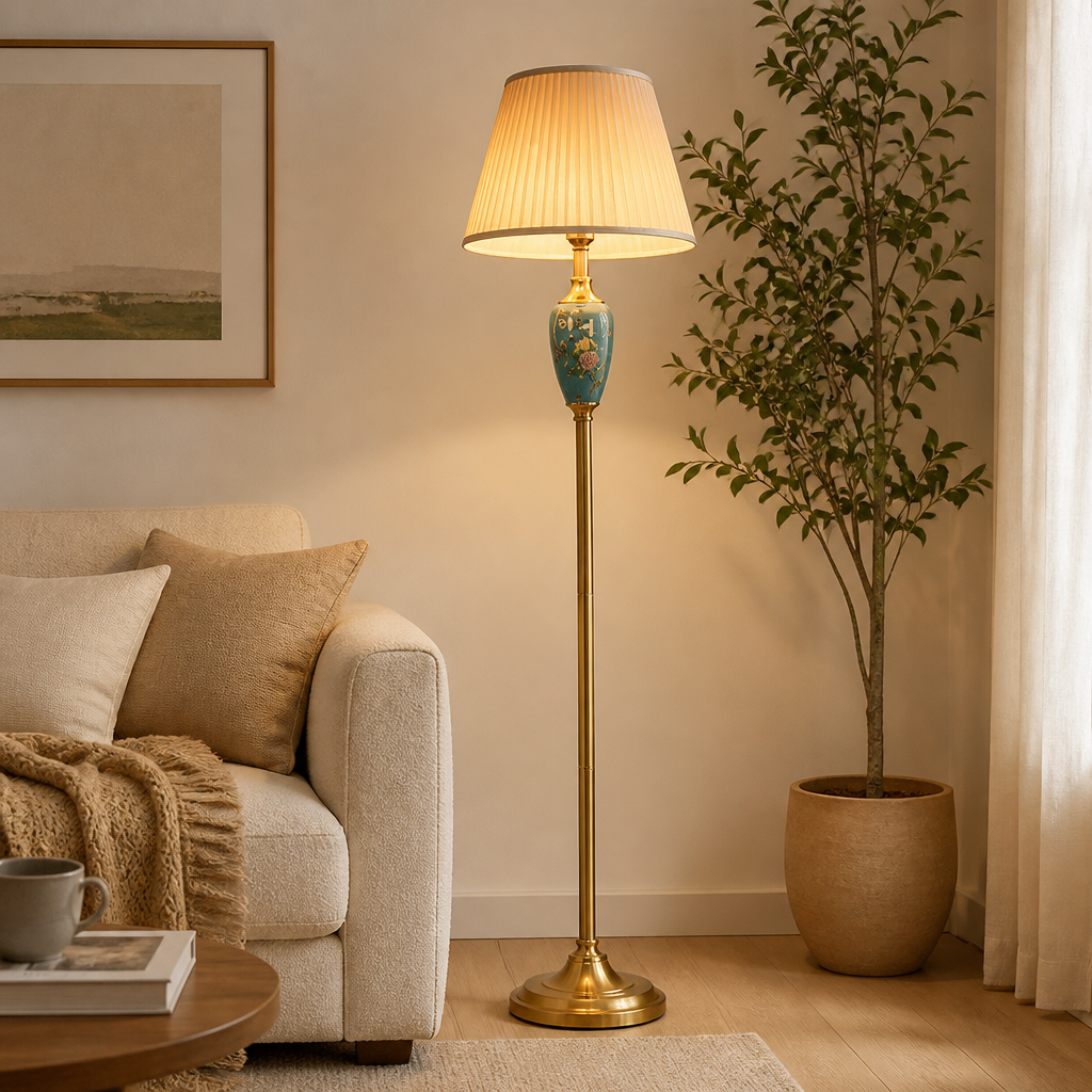 Retro Ceramic With Fabric Shade Floor Lamp