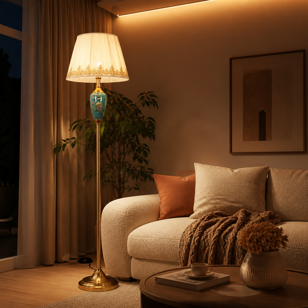 Retro Ceramic With Fabric Shade Floor Lamp