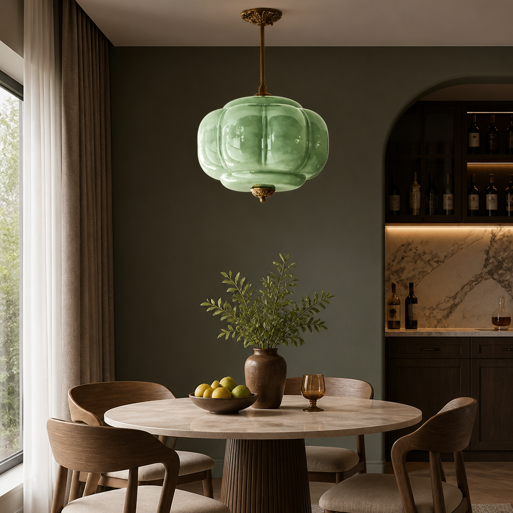 Retro Green Glass Scalloped Pendant Light
