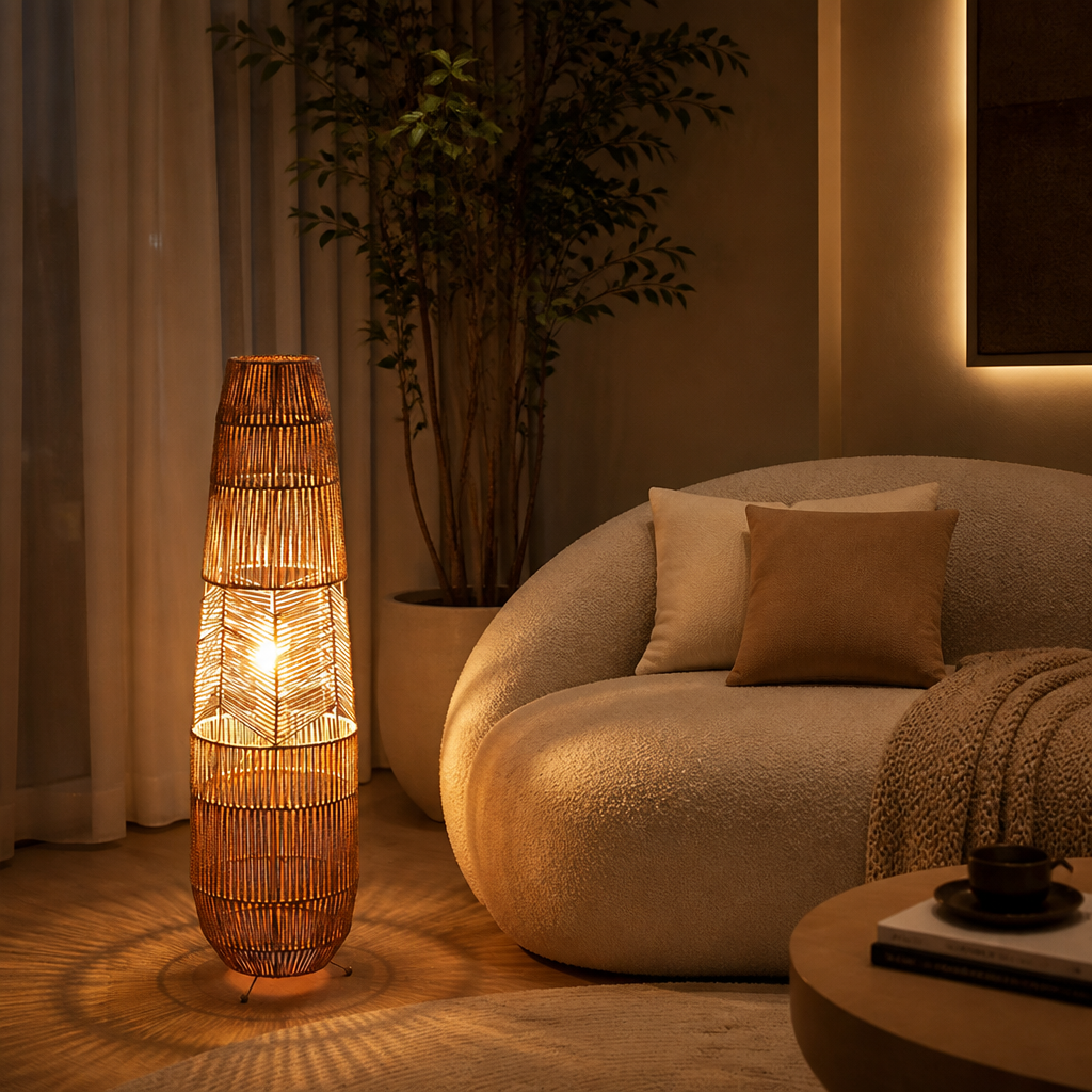 Rustic Handwoven Rattan LED Floor Lamp