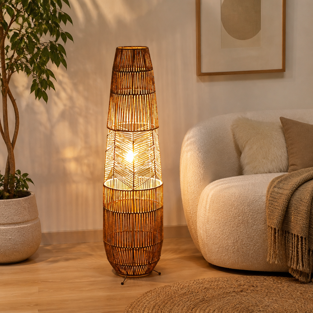 Rustic Handwoven Rattan LED Floor Lamp