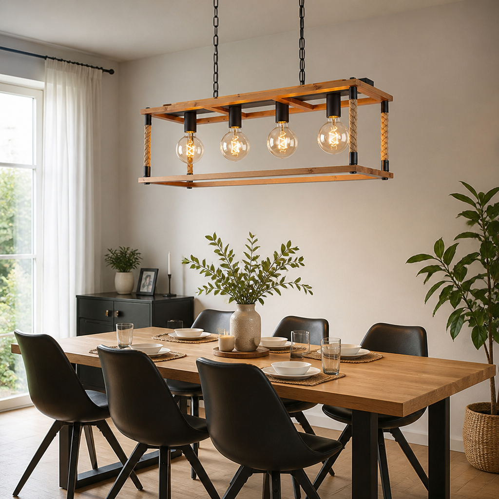 Rustic Wood & Hemp Rope Pendant Light