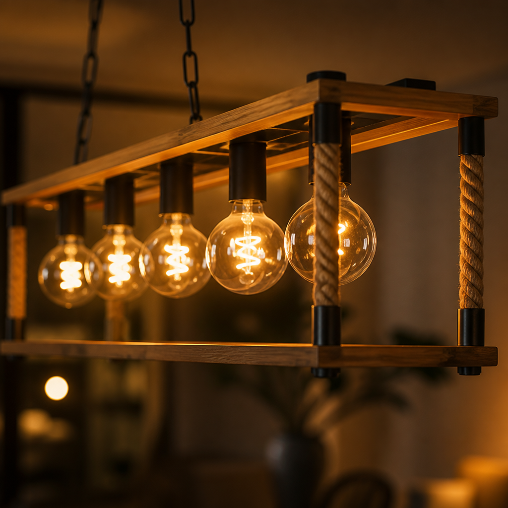 Rustic Wood & Hemp Rope Pendant Light