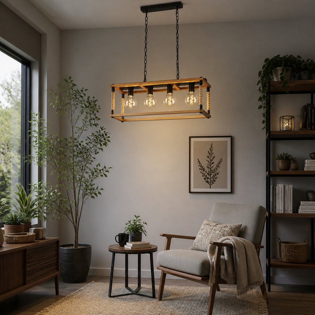 Rustic Wood & Hemp Rope Pendant Light