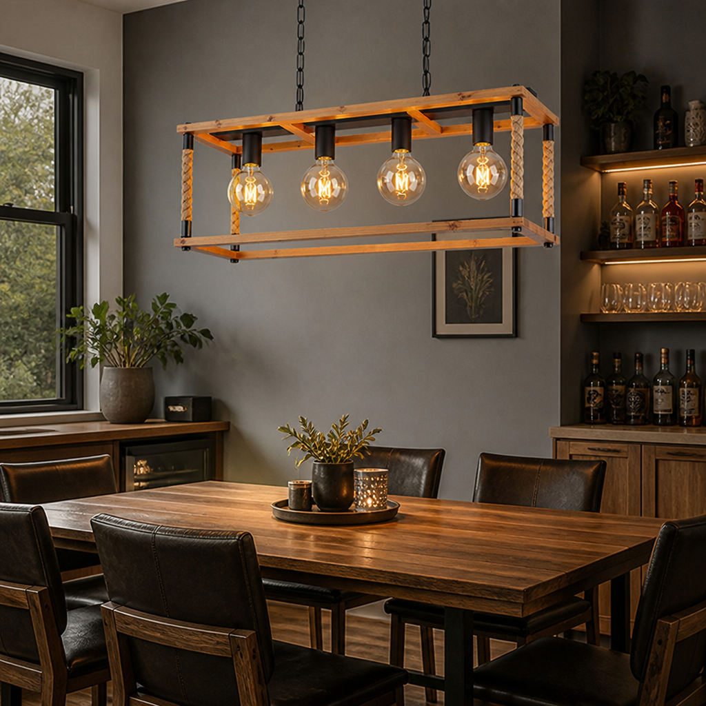 Rustic Wood & Hemp Rope Pendant Light