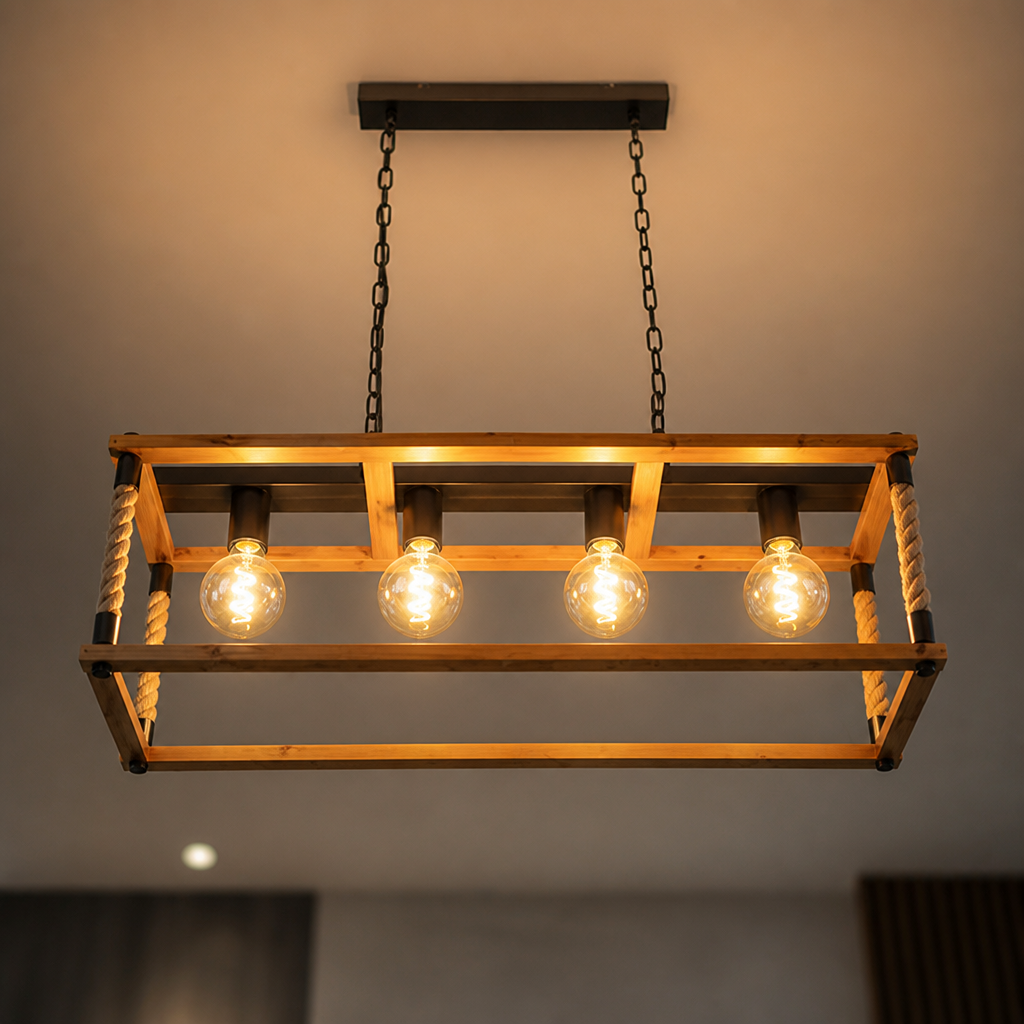 Rustic Wood & Hemp Rope Pendant Light