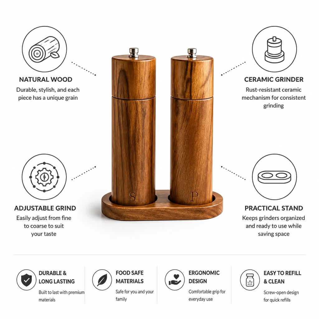 Salt & Pepper Grinder Set Natural Wood Ceramic Stand