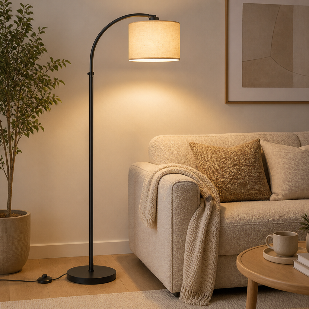 Scandinavian Beige Linen Arc Floor Lamp