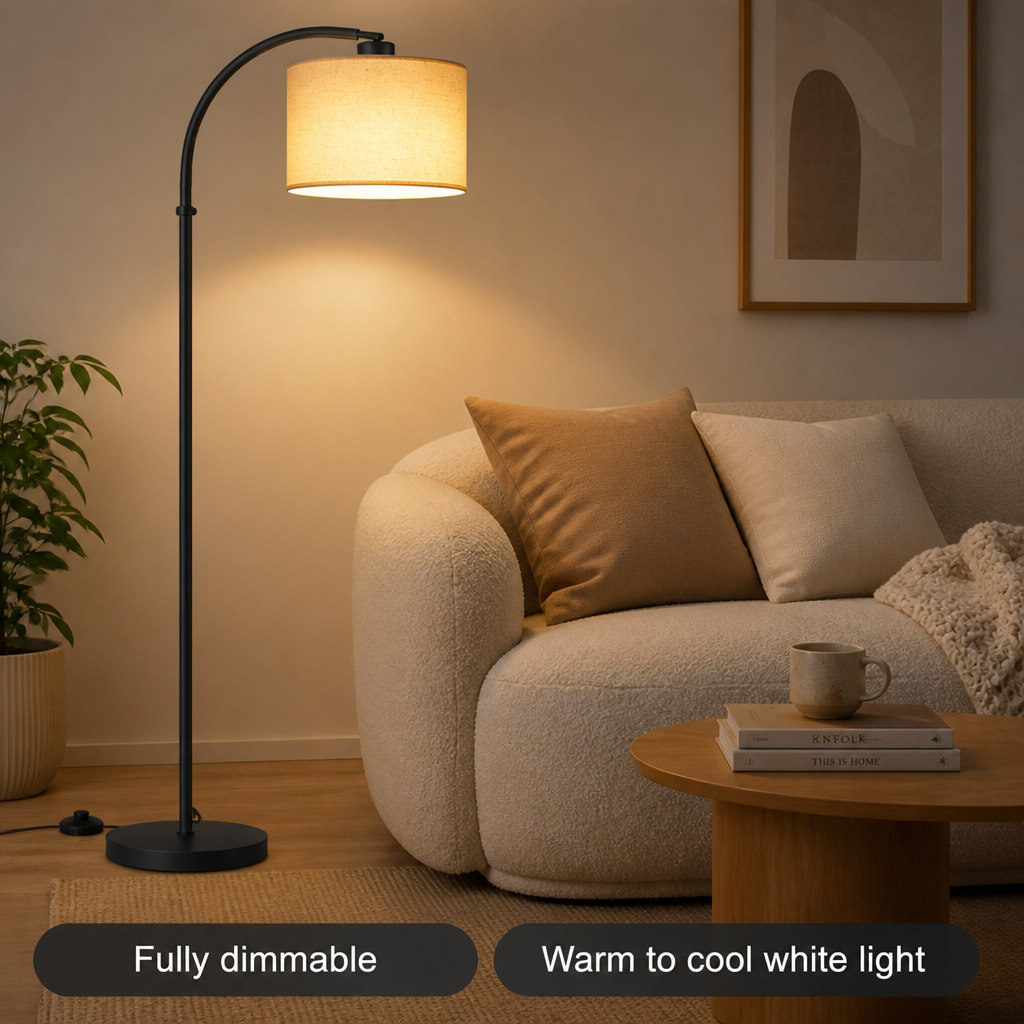 Scandinavian Beige Linen Arc Floor Lamp