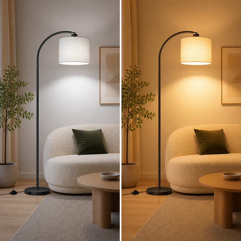 Scandinavian Beige Linen Arc Floor Lamp