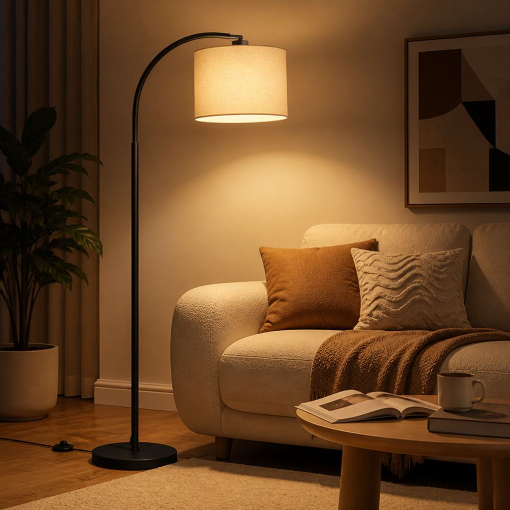 Scandinavian Beige Linen Arc Floor Lamp