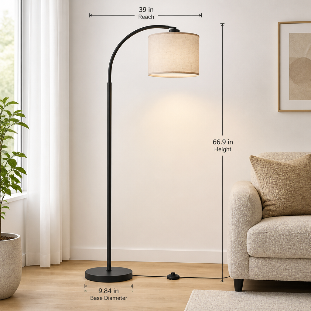 Scandinavian Beige Linen Arc Floor Lamp