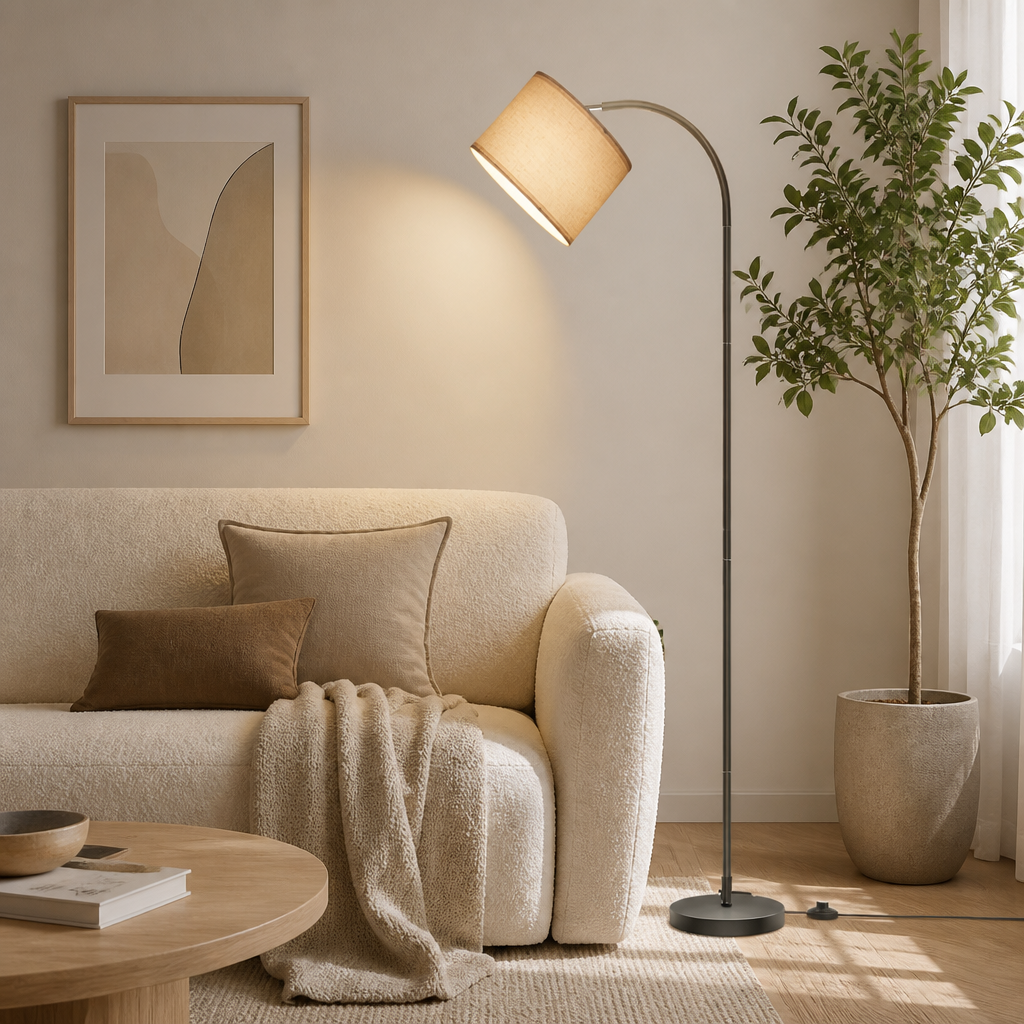 Scandinavian Beige Linen Arc Floor Lamp