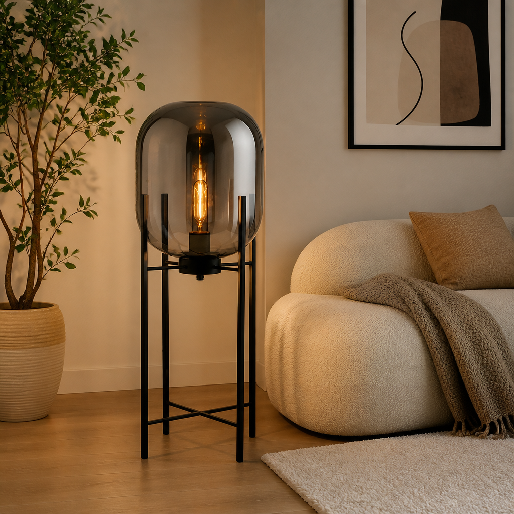 Scandinavian Glass & Iron Floor Lamp