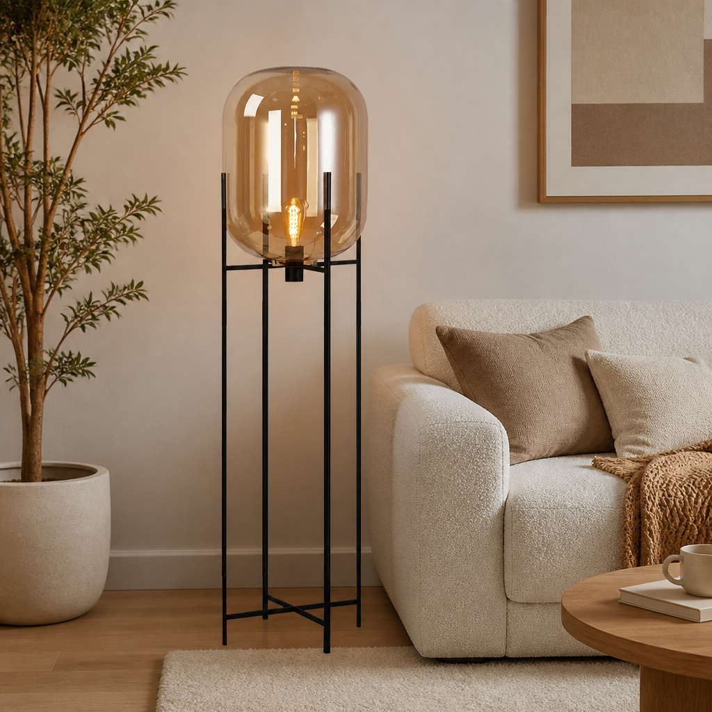 Scandinavian Glass & Iron Floor Lamp