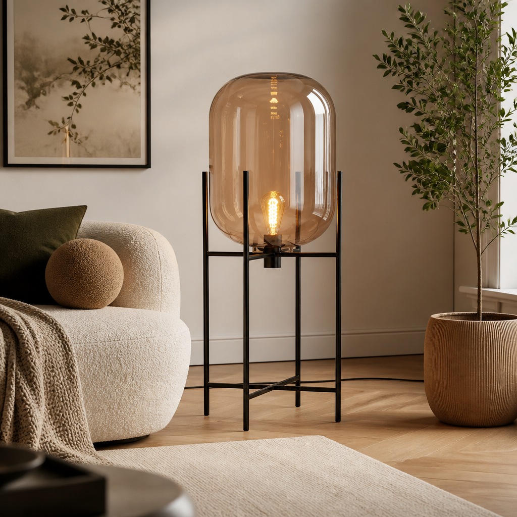 Scandinavian Glass & Iron Floor Lamp
