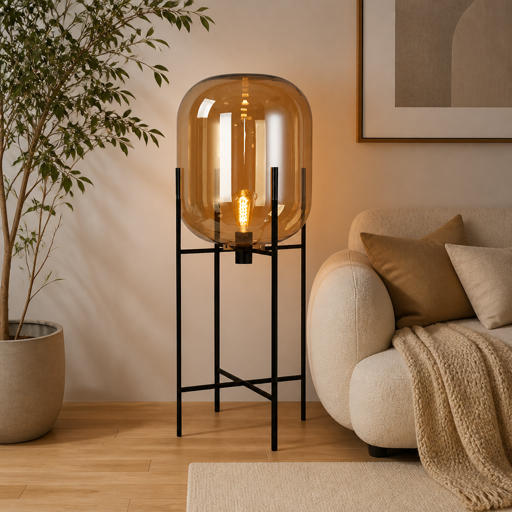 Scandinavian Glass & Iron Floor Lamp