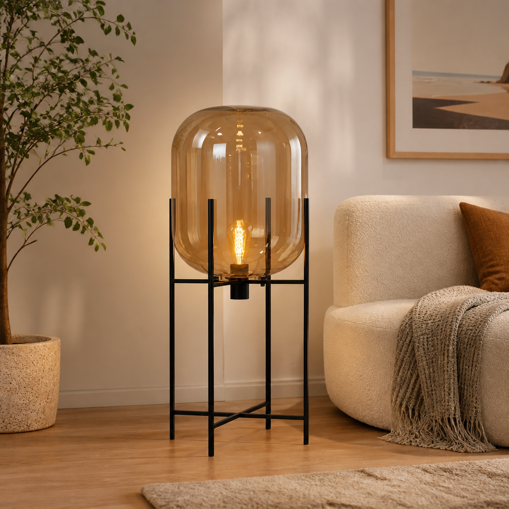 Scandinavian Glass & Iron Floor Lamp