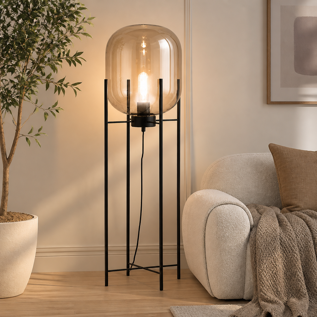 Scandinavian Glass & Iron Floor Lamp