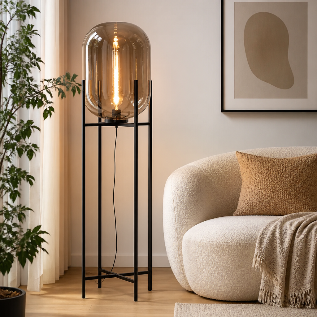 Scandinavian Glass & Iron Floor Lamp