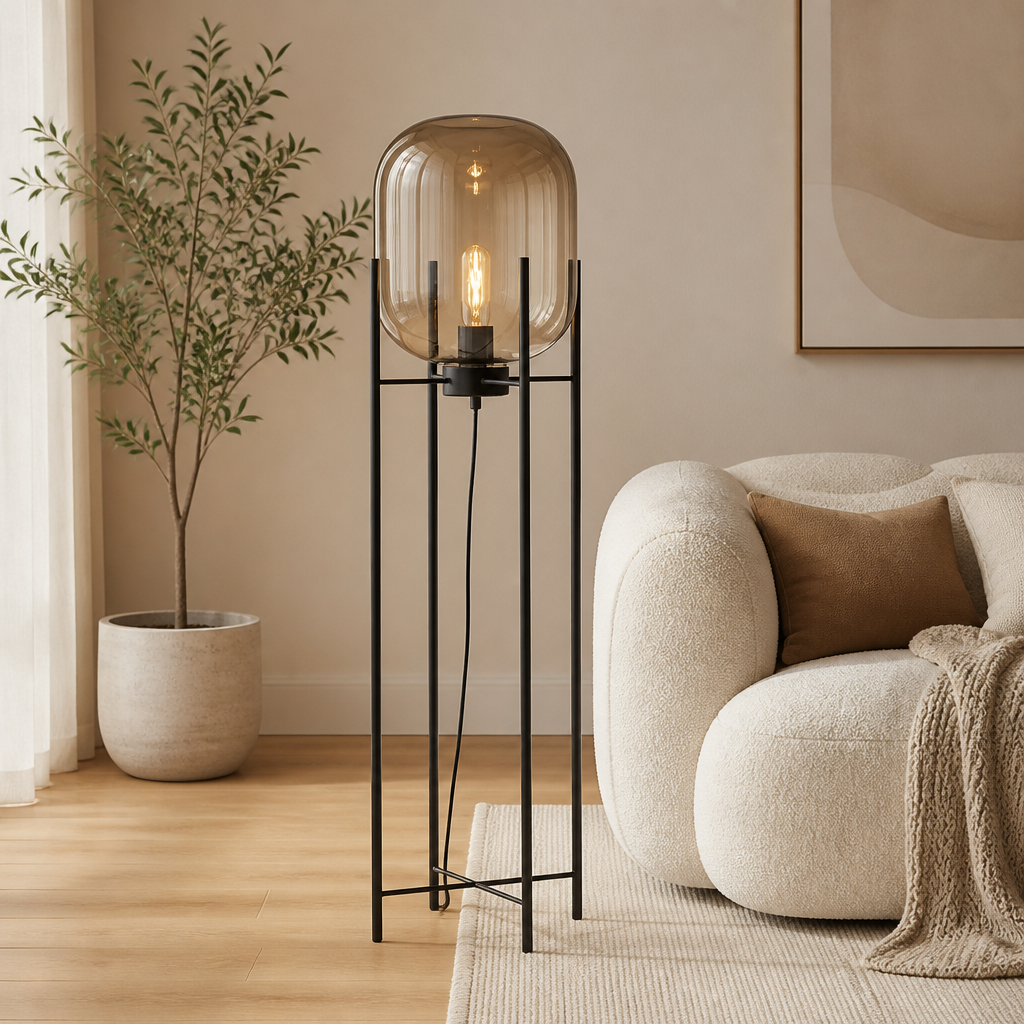 Scandinavian Glass & Iron Floor Lamp