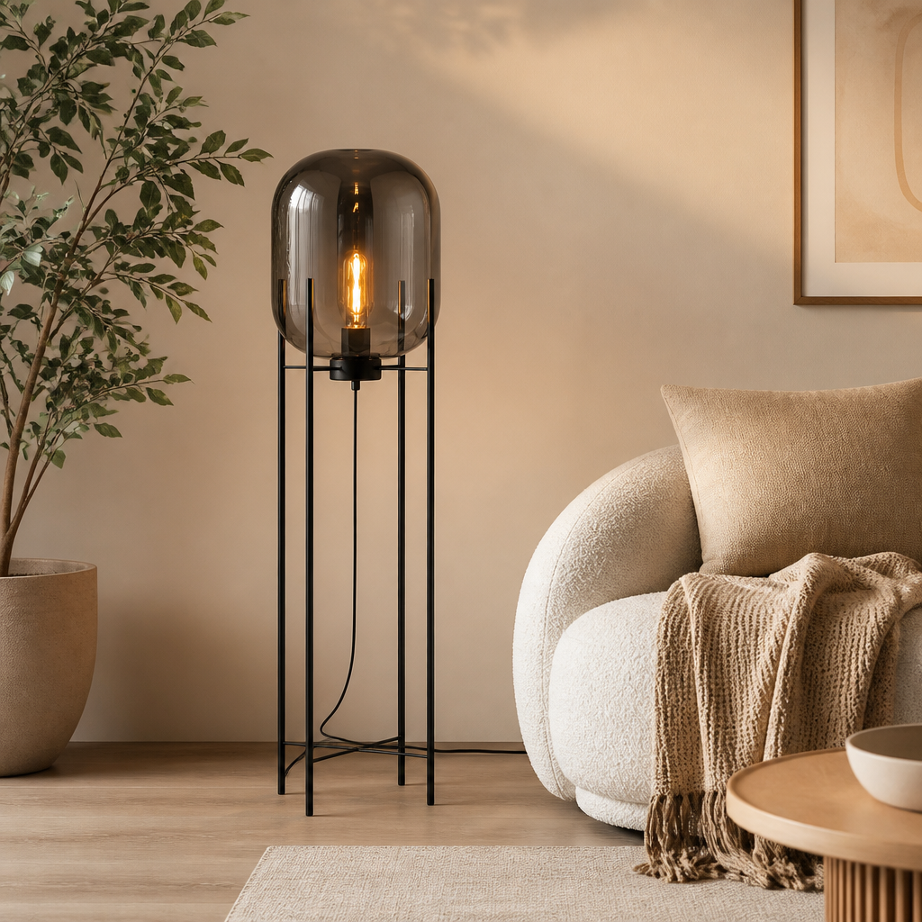 Scandinavian Glass & Iron Floor Lamp