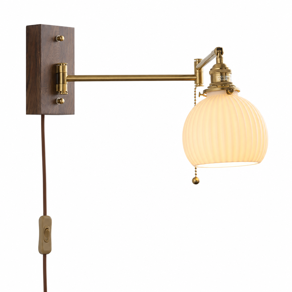 Scandinavian Walnut Wood Rotating Arm Wall Sconce