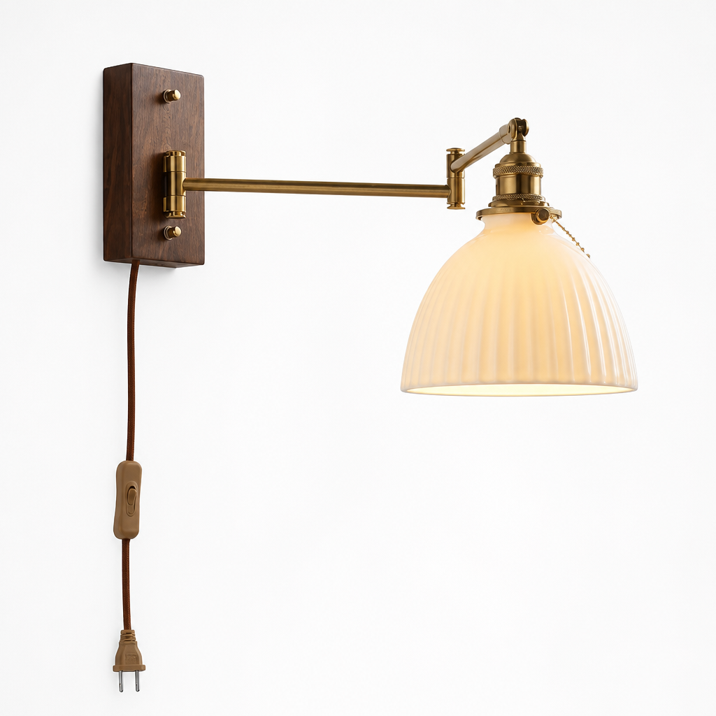 Scandinavian Walnut Wood Rotating Arm Wall Sconce