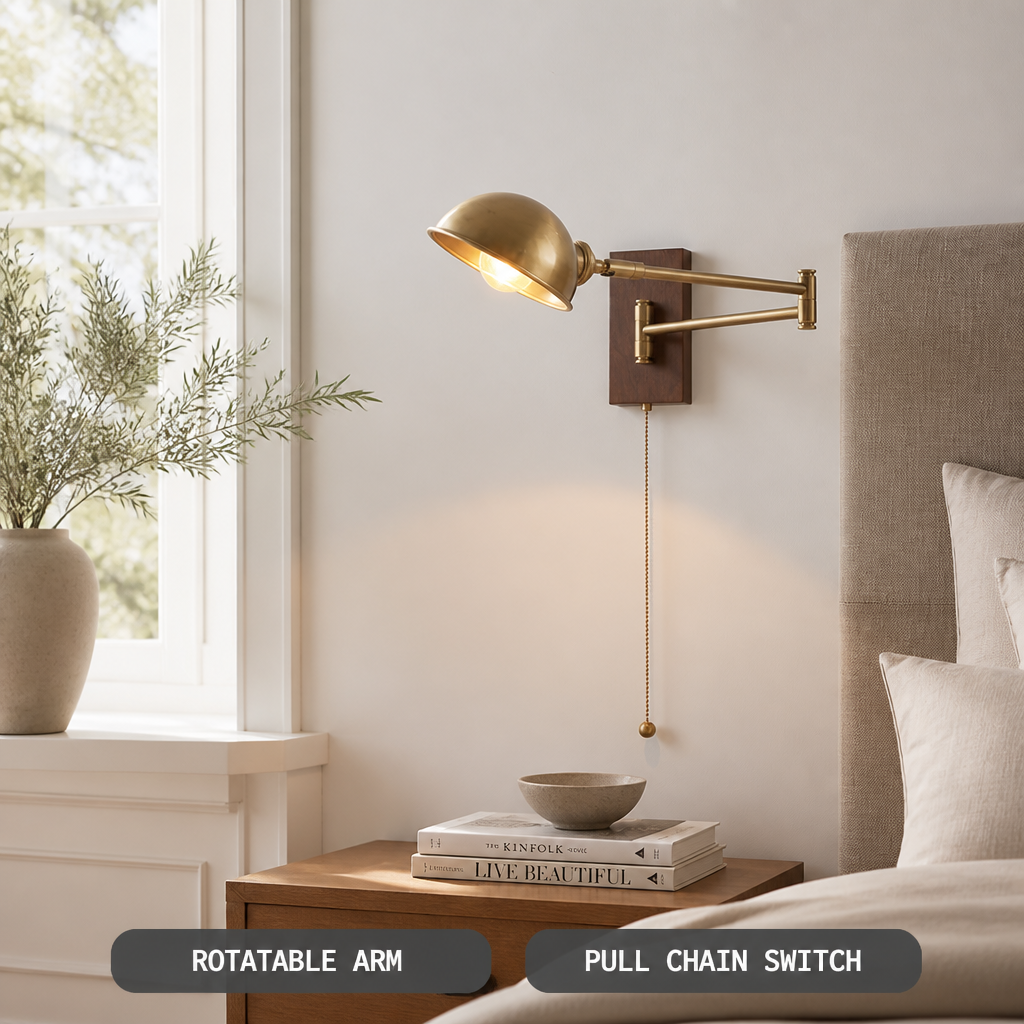 Scandinavian Walnut Wood Rotating Arm Wall Sconce