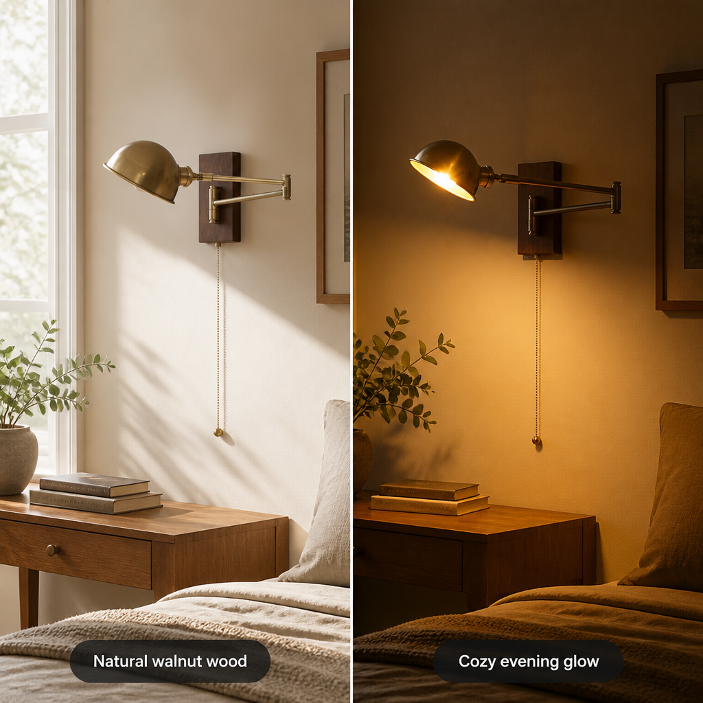 Scandinavian Walnut Wood Rotating Arm Wall Sconce