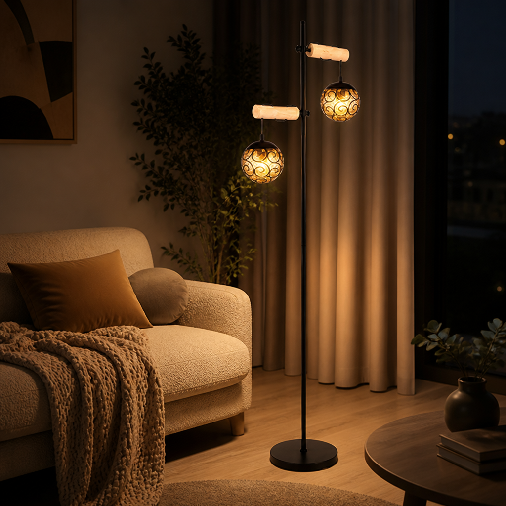 Scandinavian Wood Amber Glass Floor Lamp