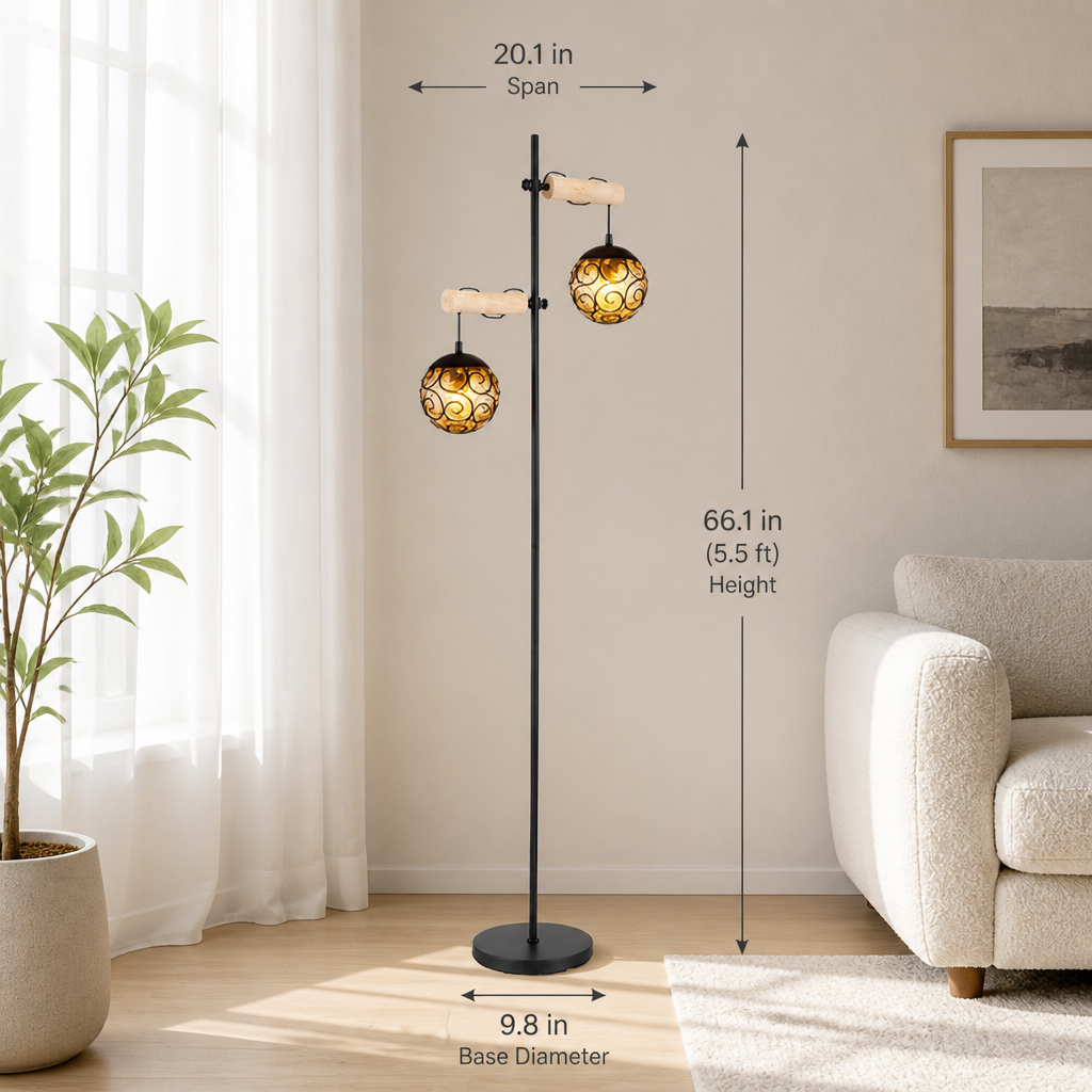 Scandinavian Wood Amber Glass Floor Lamp