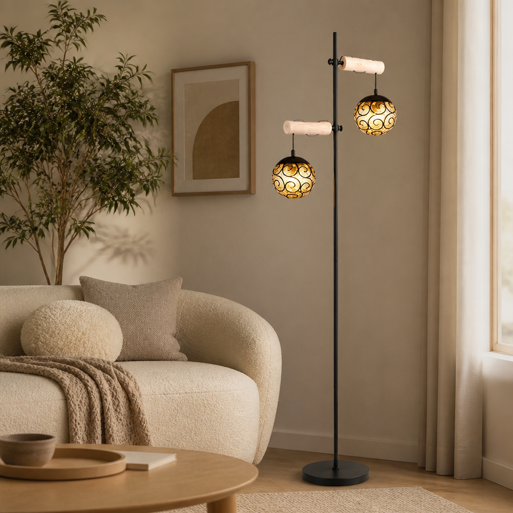 Scandinavian Wood Amber Glass Floor Lamp