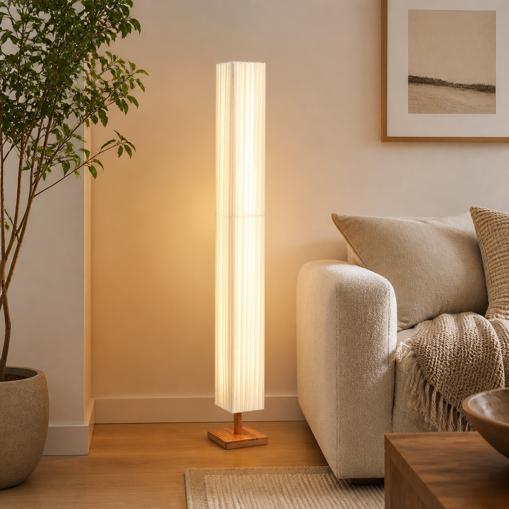 Scandinavian Wood LED Fabric Shade Floor Lamp