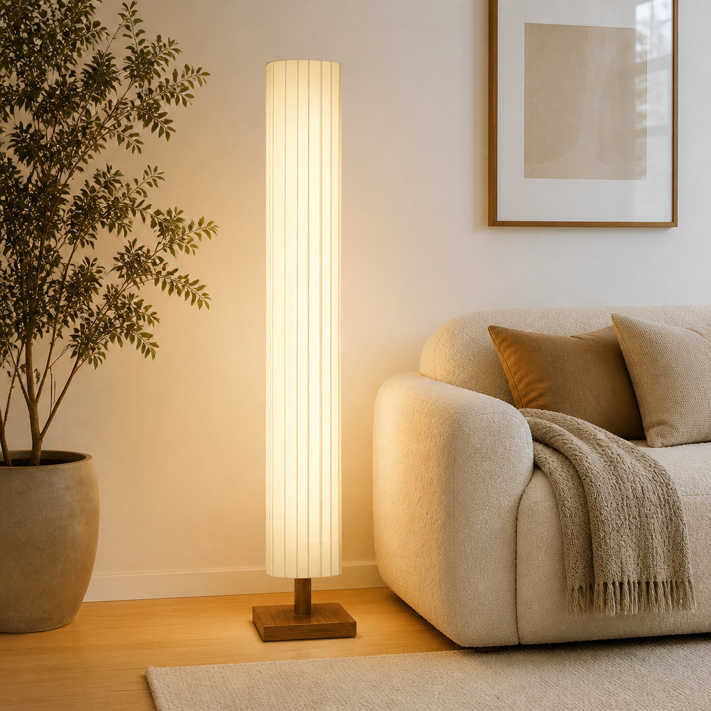 Scandinavian Wood LED Fabric Shade Floor Lamp