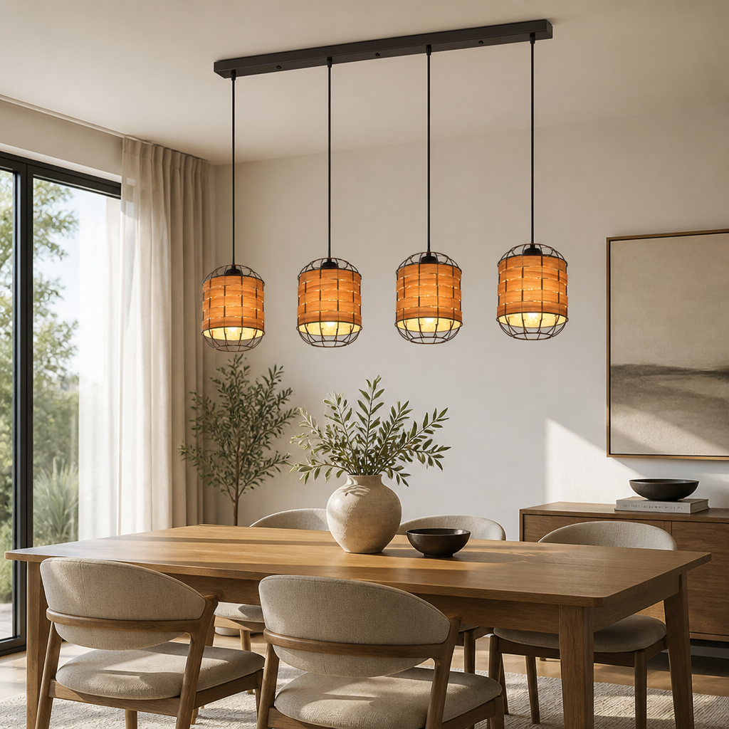Scandinavian Wood-Look Grid Shade Pendant Light