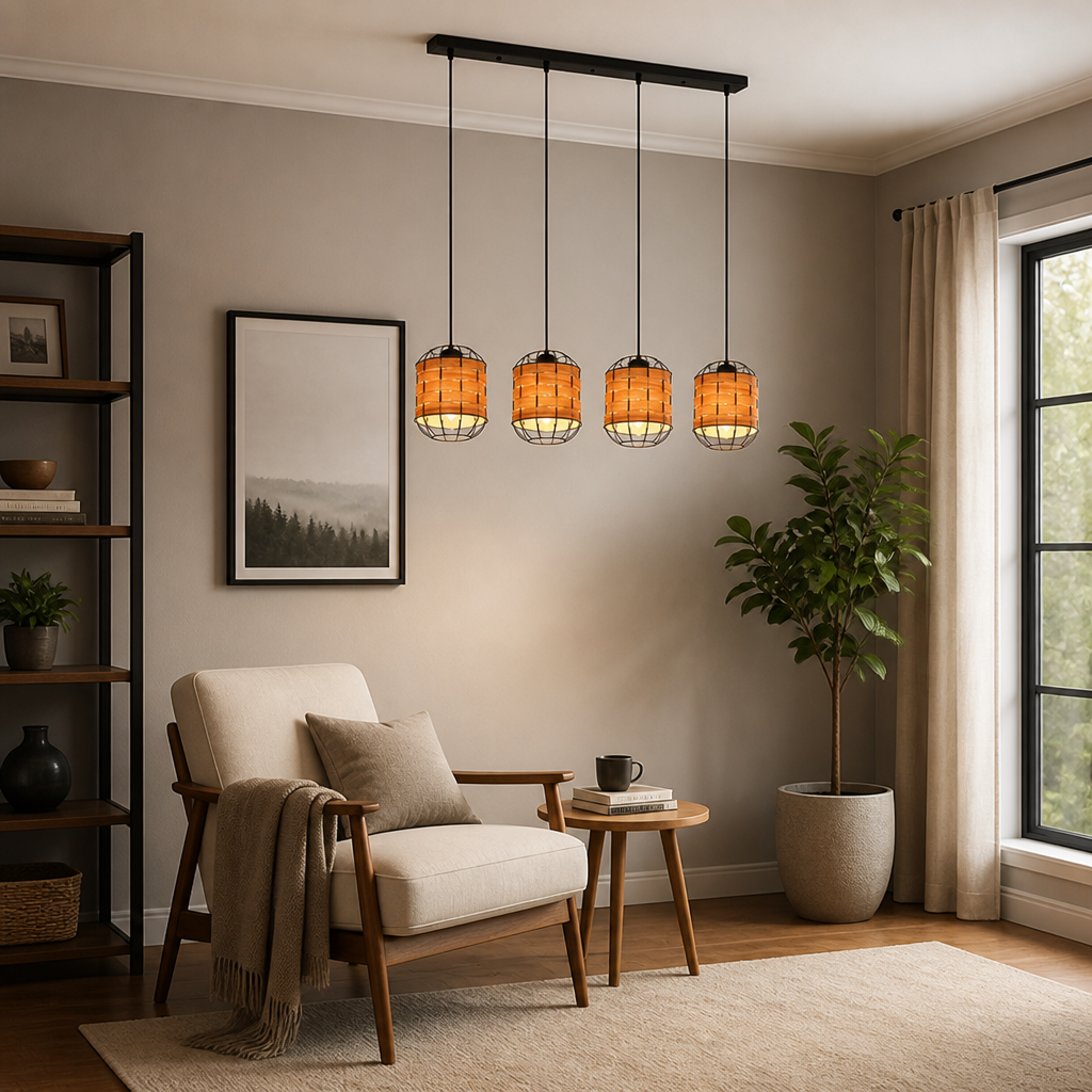 Scandinavian Wood-Look Grid Shade Pendant Light