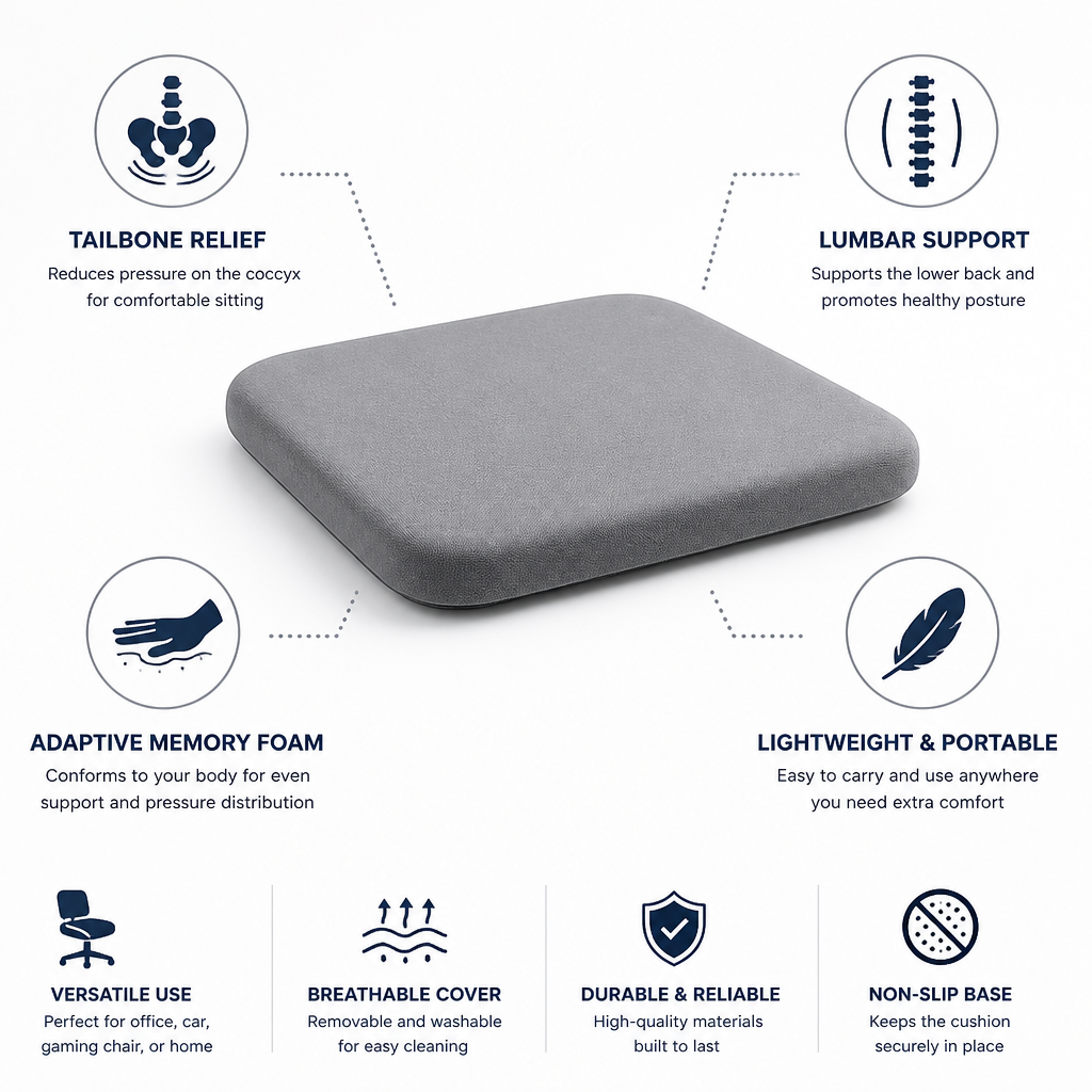 Seat Cushion Adaptive Memory Foam Tailbone & Lumbar Support